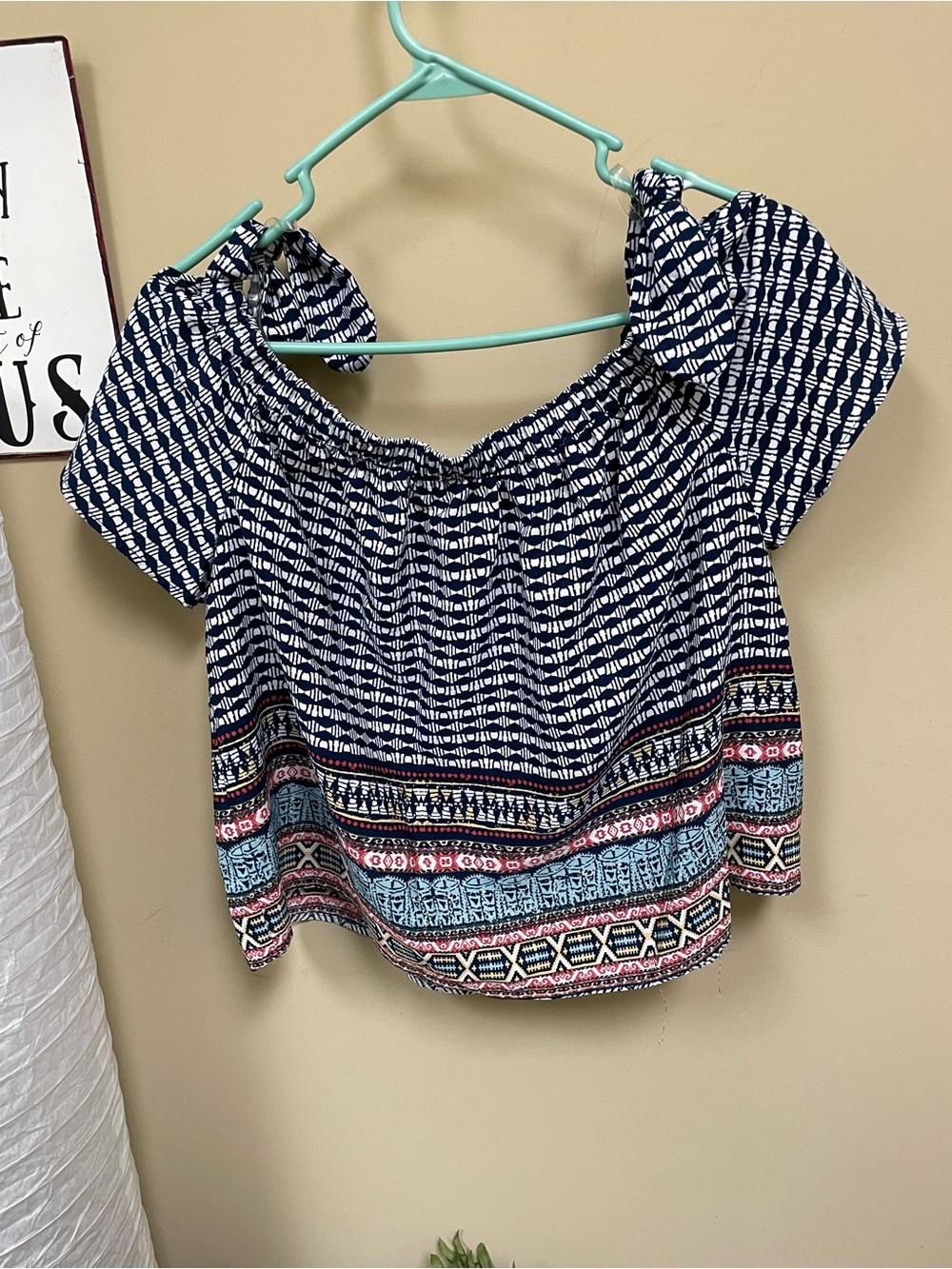 by & by Navy Off-Shoulder Tie-Shoulder Boho Top with Multicolor Border - Picture 4 of 5